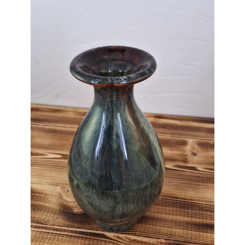 5" Bulb/hour Glass Style/shaped Raku Vase Blue Green Swirl Glaze‎